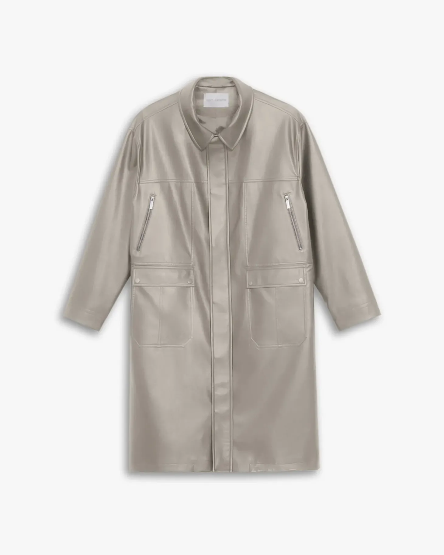 Multi-Pocket Leather-Like Long Coat