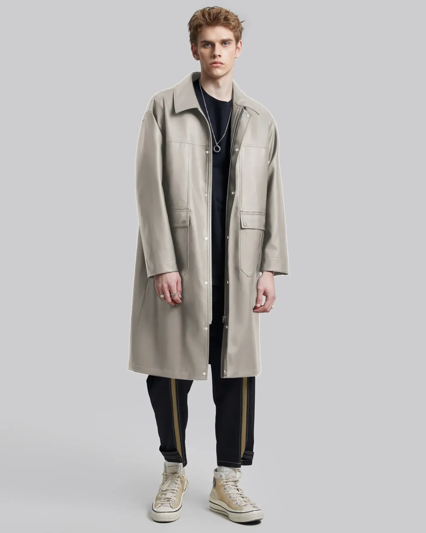 Multi-Pocket Leather-Like Long Coat