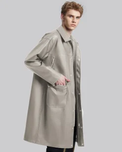 Multi-Pocket Leather-Like Long Coat