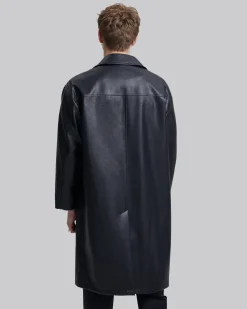 Multi-Pocket Leather-Like Long Coat