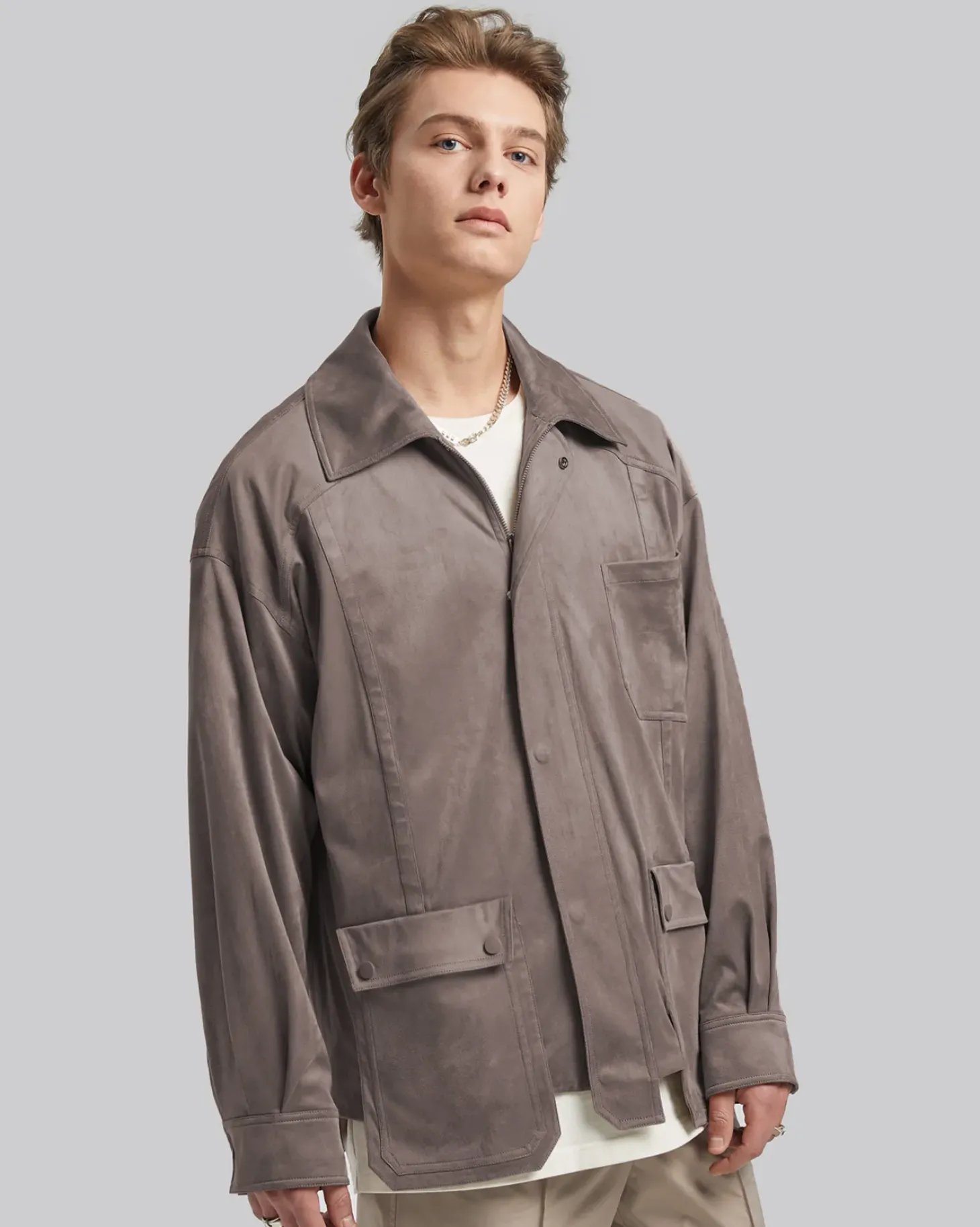 Multi-Pocket Suede-Like Jacket