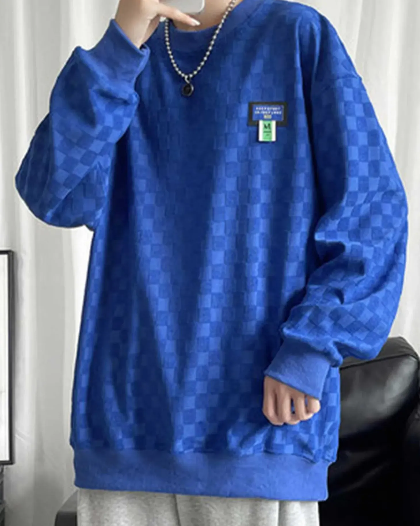 Plaid Jacquard Crewneck Sweatshirt